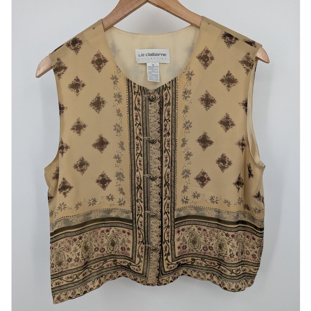 Liz Claiborne 100% Silk Vest Size 14 Boho Floral Geometric Print